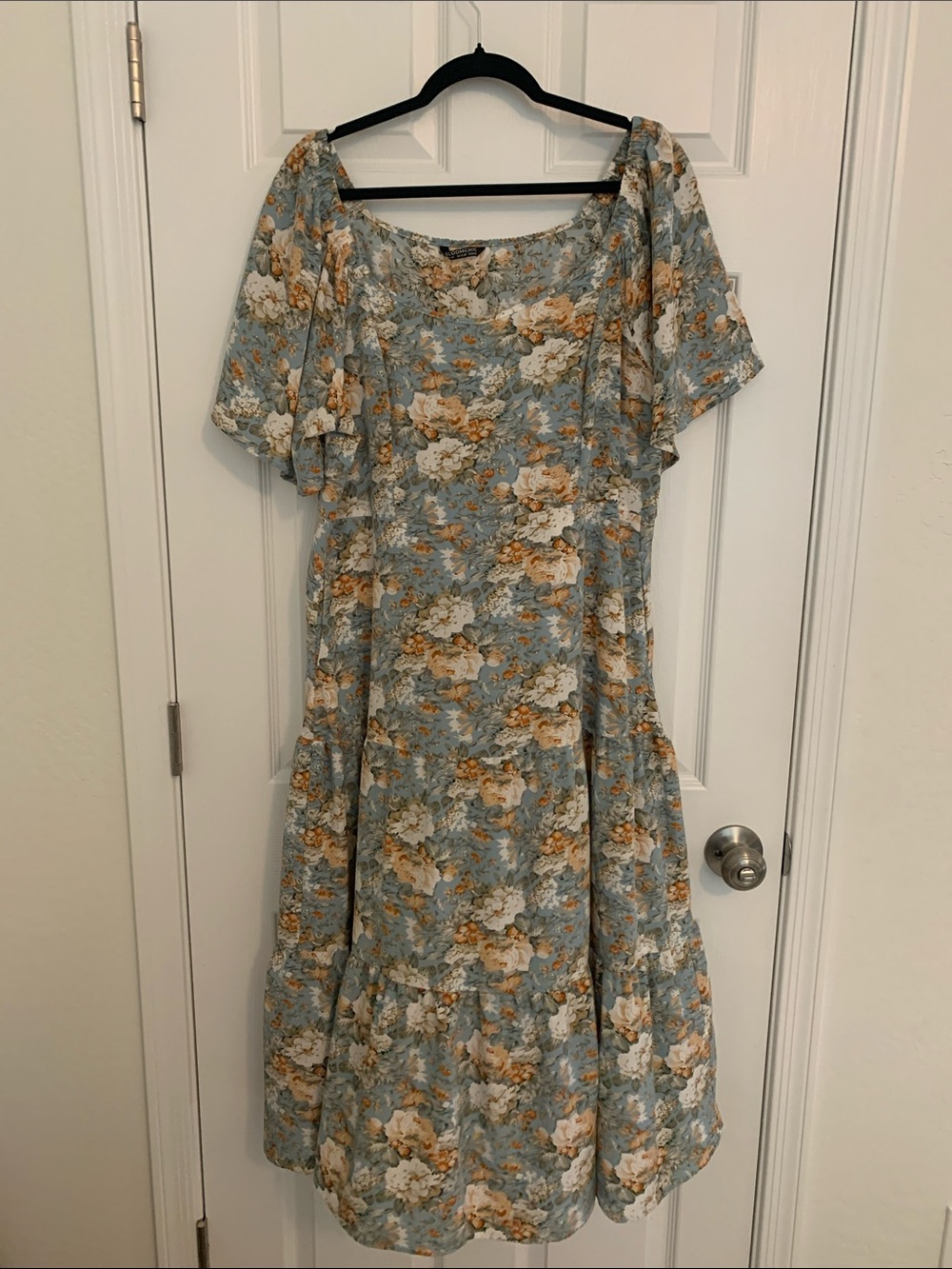 BloomChic Blue Floral Midi Dress with Cream and Tan Blossoms